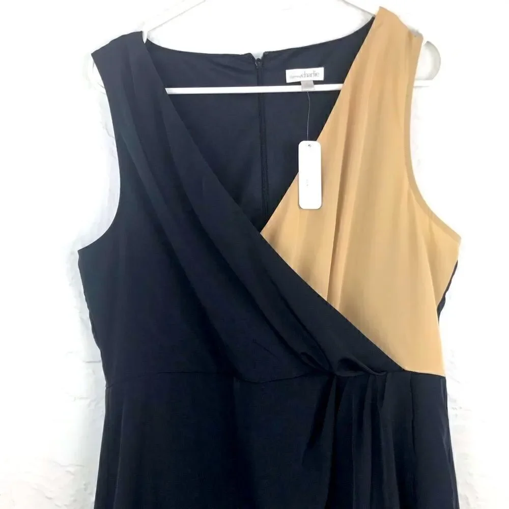 Charming Charlie Black Tan Cross Front Wrap style Pencil Dress NEW